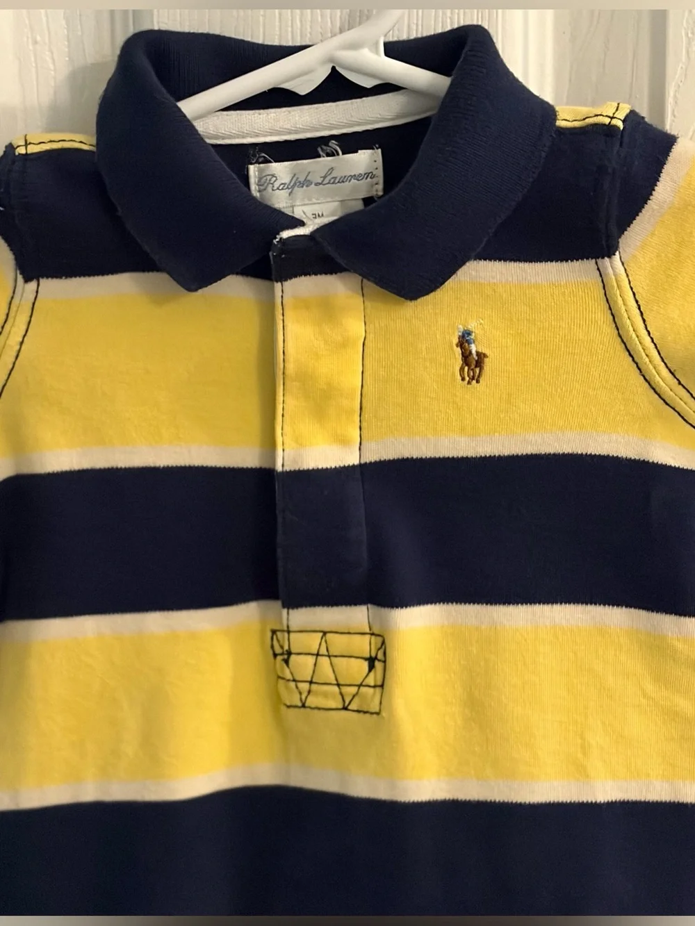 Ralph Lauren Baby Boy's Blue and Yellow Striped Collared Romper Size 3 Months